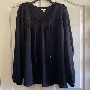 Black Sheer Georgette Lace Trim Yoke Blouse